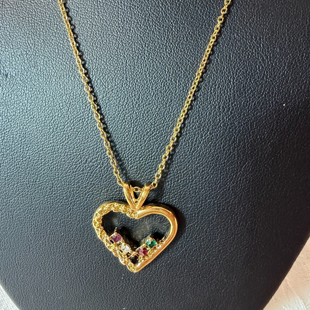 Gold Heart Pendant Necklace w/Multicolor Stones marked 14K GE LIND, 1990 Vintage